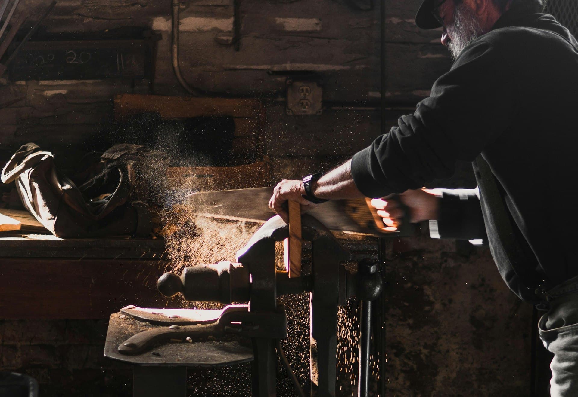Traditional joinery workshop with hand tools laid on solid timber